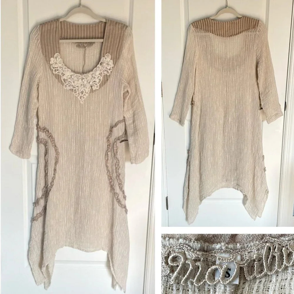 Marilu Tan Linen Blend Sharkbite Hem Dress lagenlook 29709